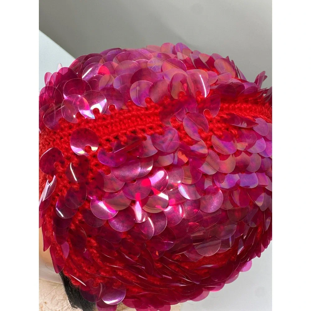 Vintage 1960s Red Wool Knit MOD Hat Large Pink Sequins Futuristic Made in Italy